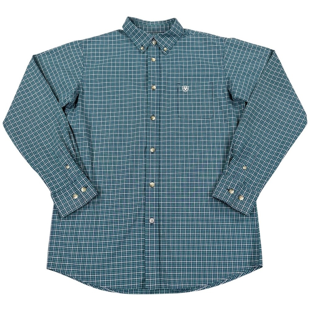 Ariat Pro Series Boys XL Shirt Green Blue Plaid Stretch Western Long Sleeve